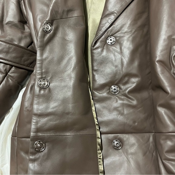 Brown Leather Belted Winter Puffer Jacket - Picture 5 of 14